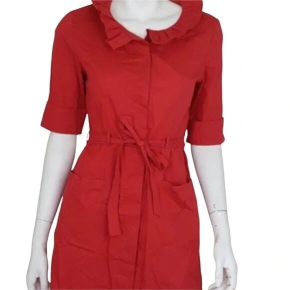 Anthropologie Little Yellow Button With a Flourish Ruffle Neck Red Shirt Dress - Picture 2 of 14